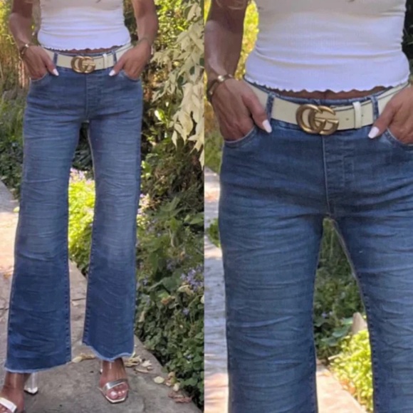 Bevy Flog Amanda Denim High Rise Straight Wide Leg Pull On Jeans Raw Hem Blue - Picture 5 of 14